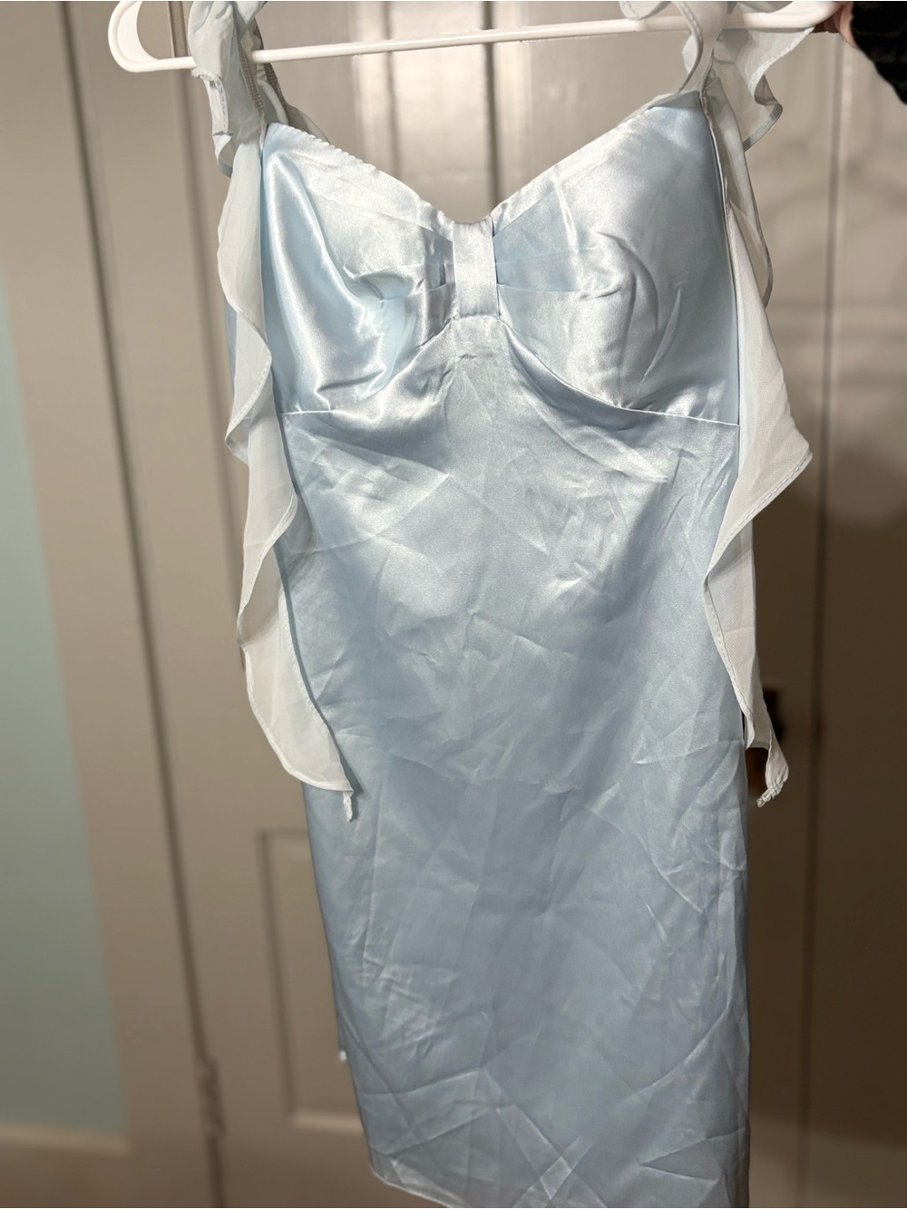 Satin Light Blue Slip Dress with Sheer Ruffle Straps